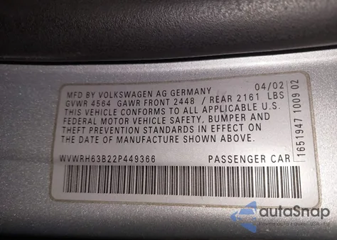 2002 Volkswagen Passat Glx from USA, damaged, VIN WVWRH63B22P449366